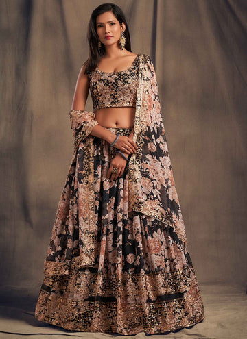 Floral Print Khadi Organza Black Lehenga For Party